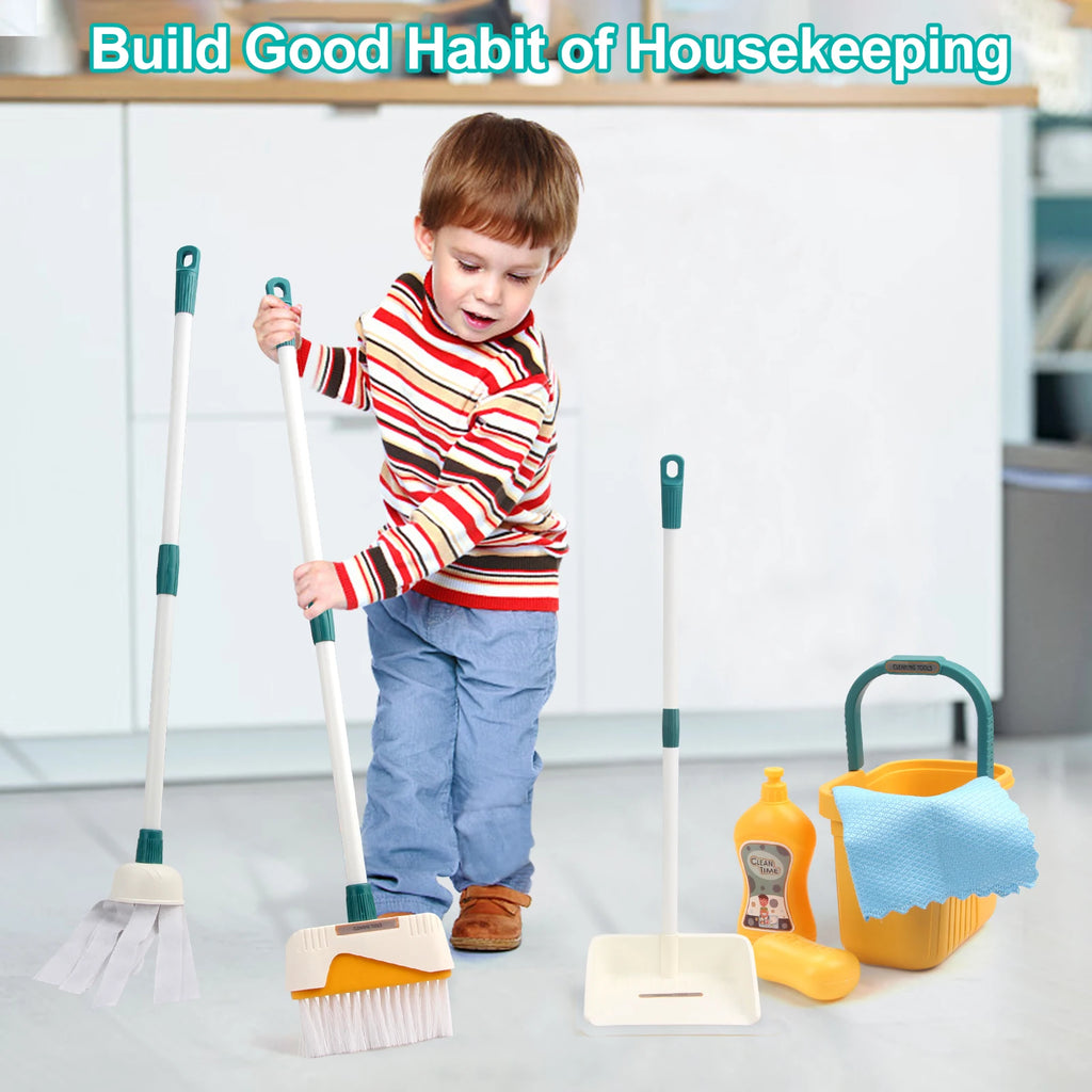 12Pcs/Set Kids Cleaning Set Housework Supplies Kit with Dustpan Broom Bucket Mop Cleaning Set Play House Toys for Boys & Girls