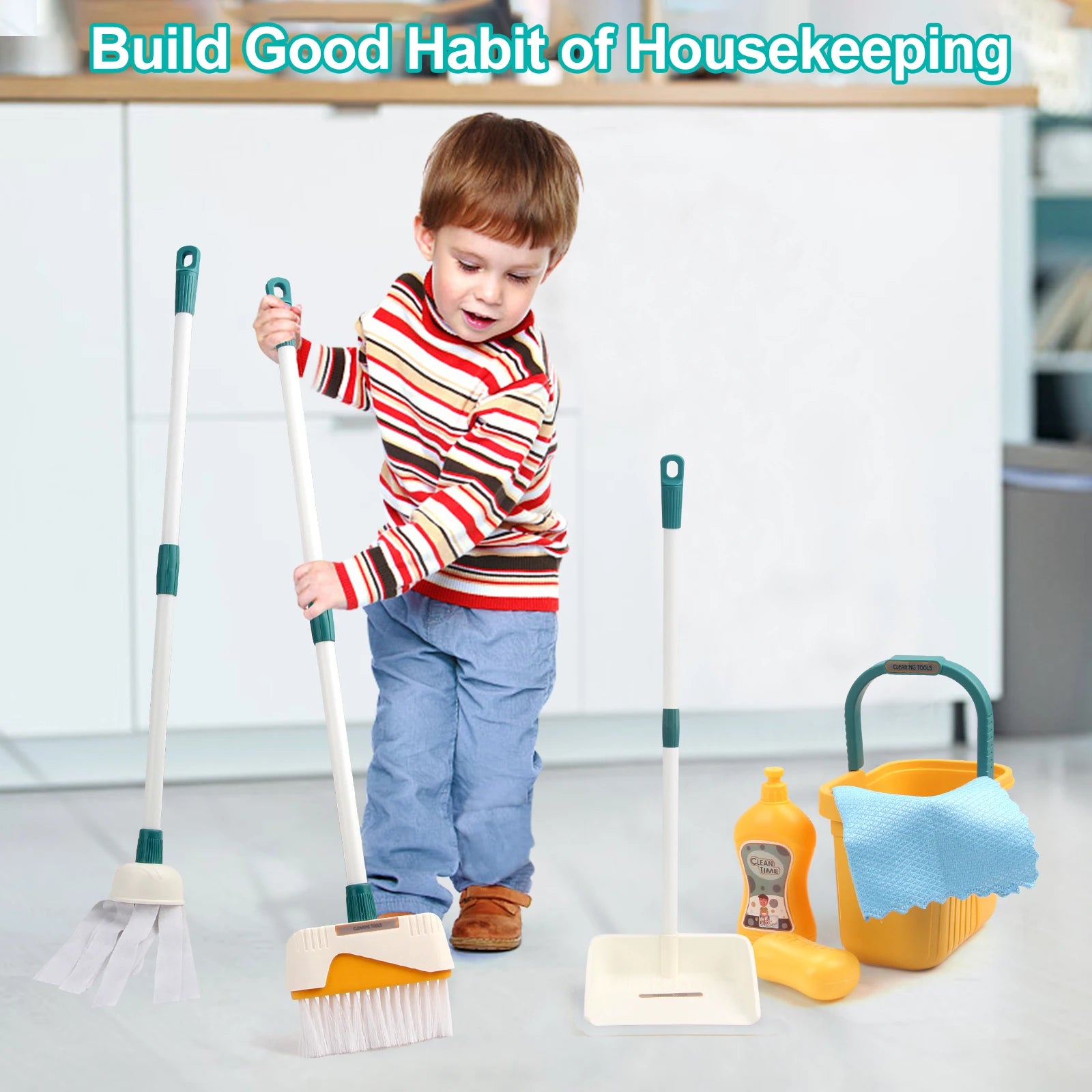 12Pcs/Set Kids Cleaning Set Housework Supplies Kit with Dustpan Broom Bucket Mop Cleaning Set Play House Toys for Boys & Girls