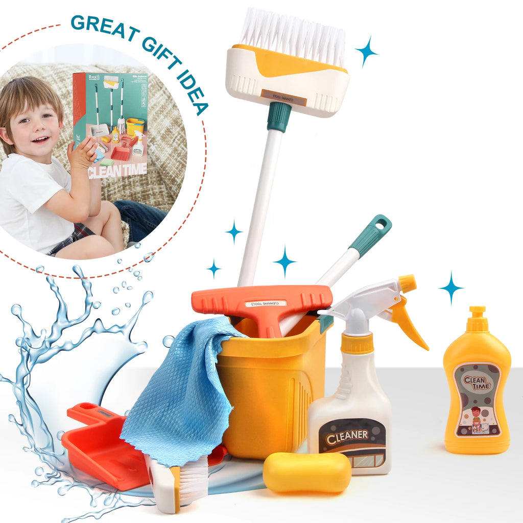 12Pcs/Set Kids Cleaning Set Housework Supplies Kit with Dustpan Broom Bucket Mop Cleaning Set Play House Toys for Boys & Girls