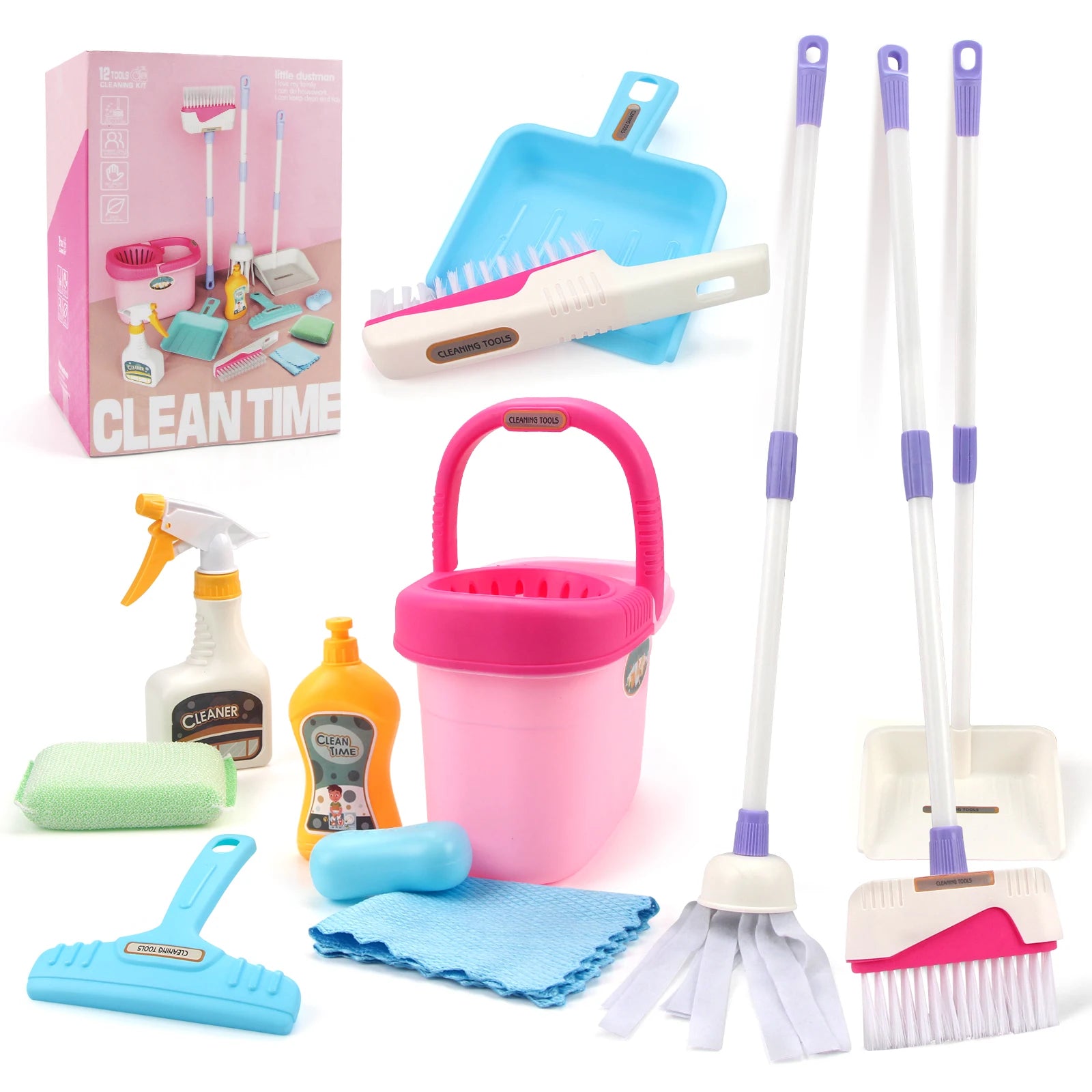 12Pcs/Set Kids Cleaning Set Housework Supplies Kit with Dustpan Broom Bucket Mop Cleaning Set Play House Toys for Boys & Girls