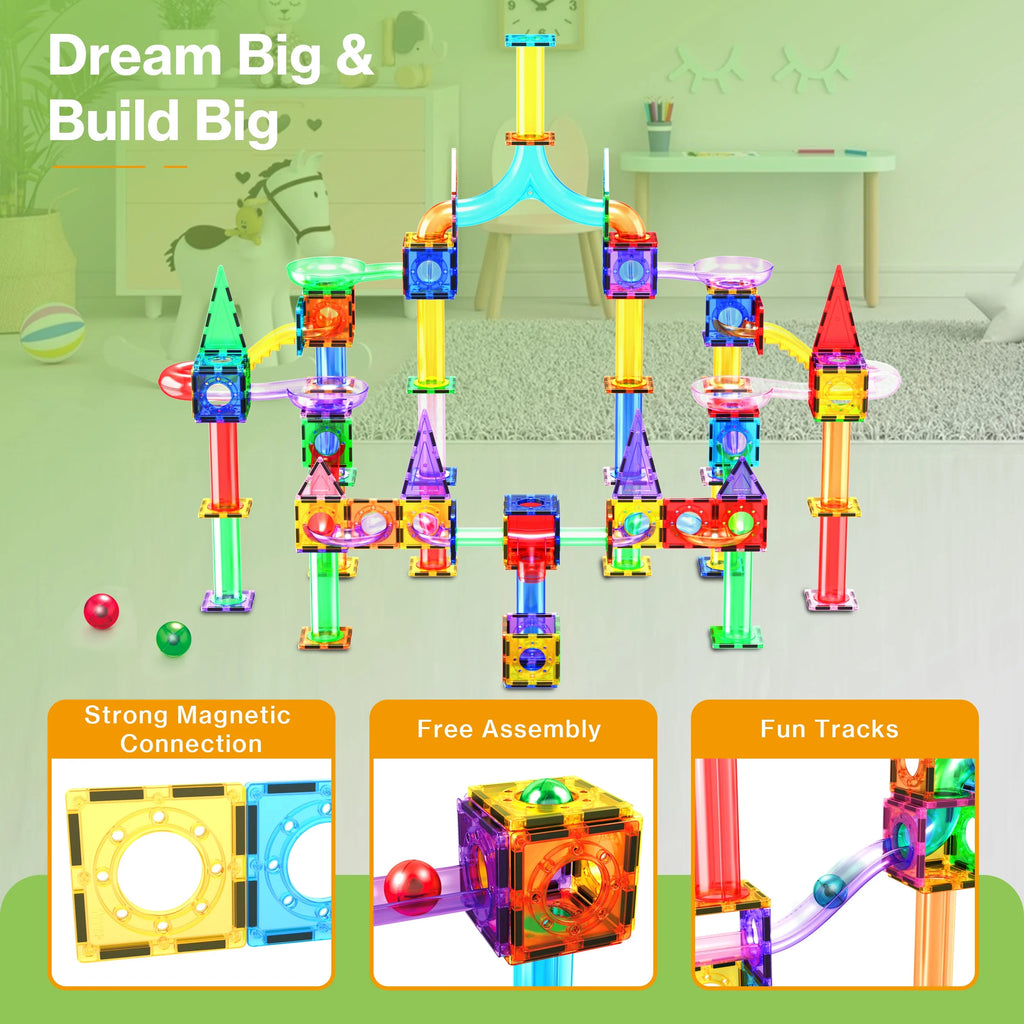 Picassotiles Marble Run Magnetic Tiles for Kids – 200PCS STEM Educational Construction Building Blocks Race Track Toy Set