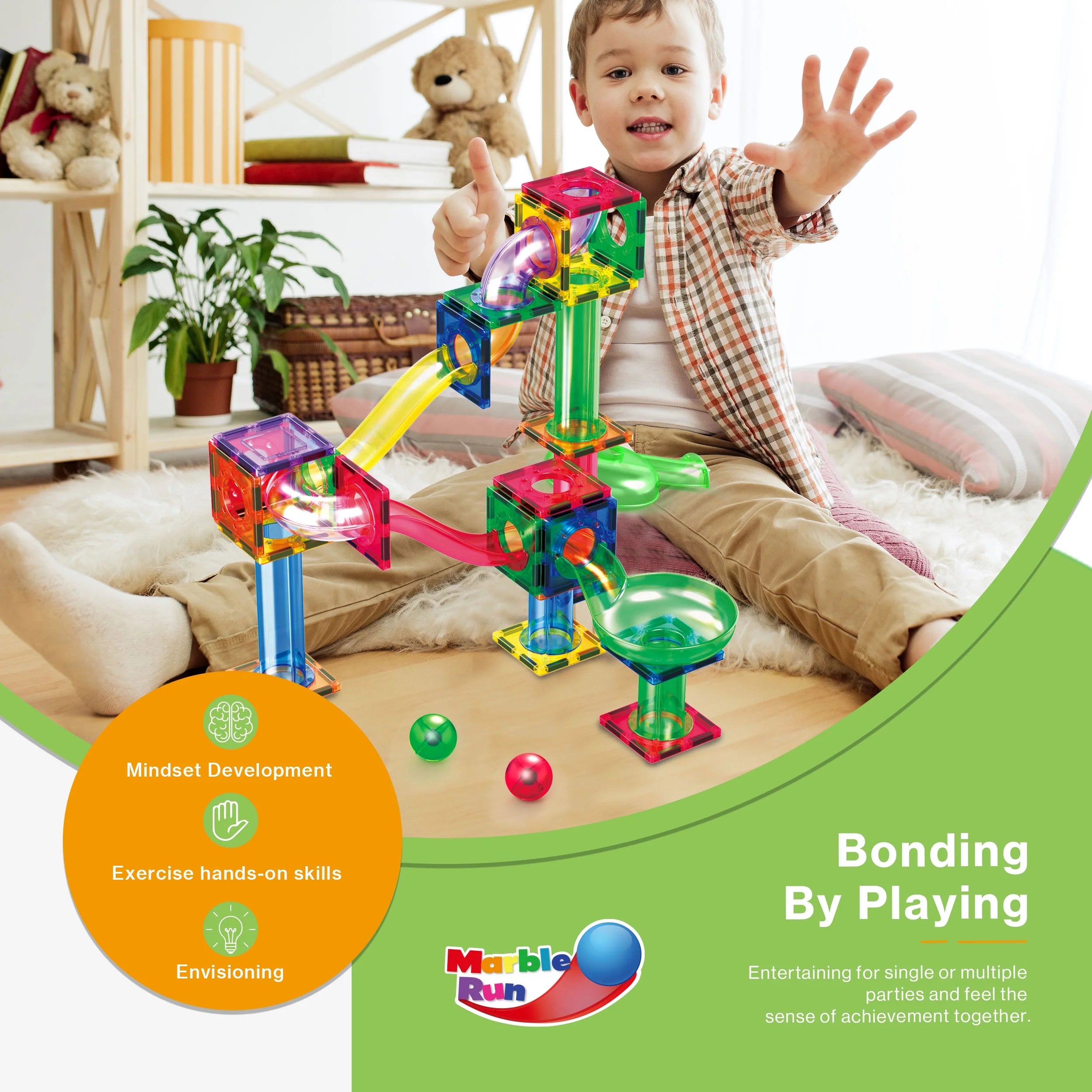 Picassotiles Marble Run Magnetic Tiles for Kids – 200PCS STEM Educational Construction Building Blocks Race Track Toy Set