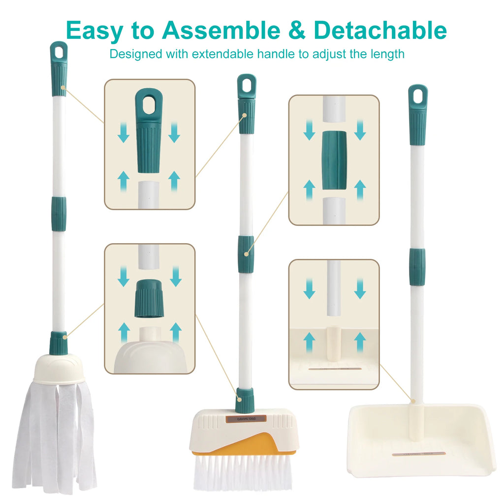 12Pcs/Set Kids Cleaning Set Housework Supplies Kit with Dustpan Broom Bucket Mop Cleaning Set Play House Toys for Boys & Girls