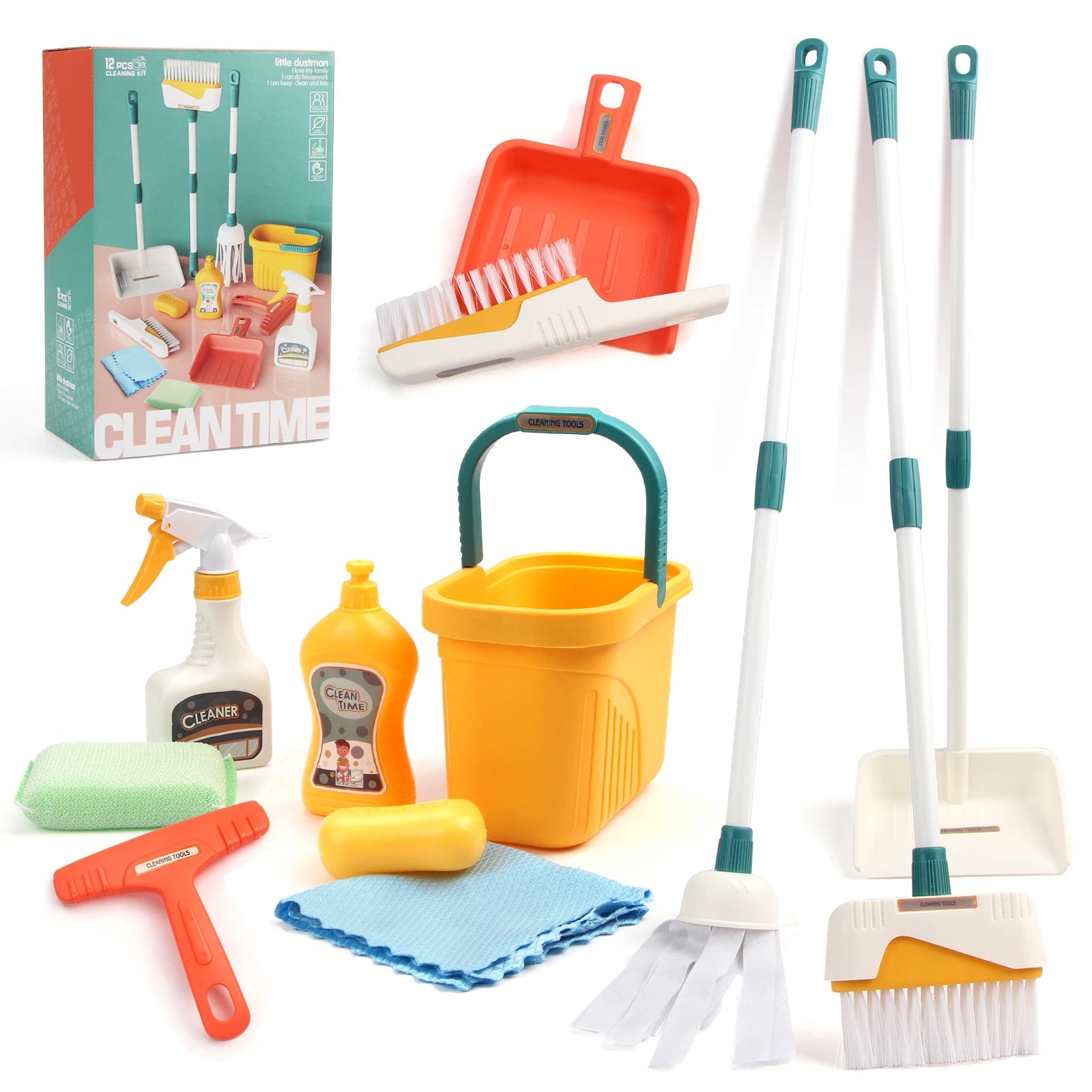 12Pcs/Set Kids Cleaning Set Housework Supplies Kit with Dustpan Broom Bucket Mop Cleaning Set Play House Toys for Boys & Girls