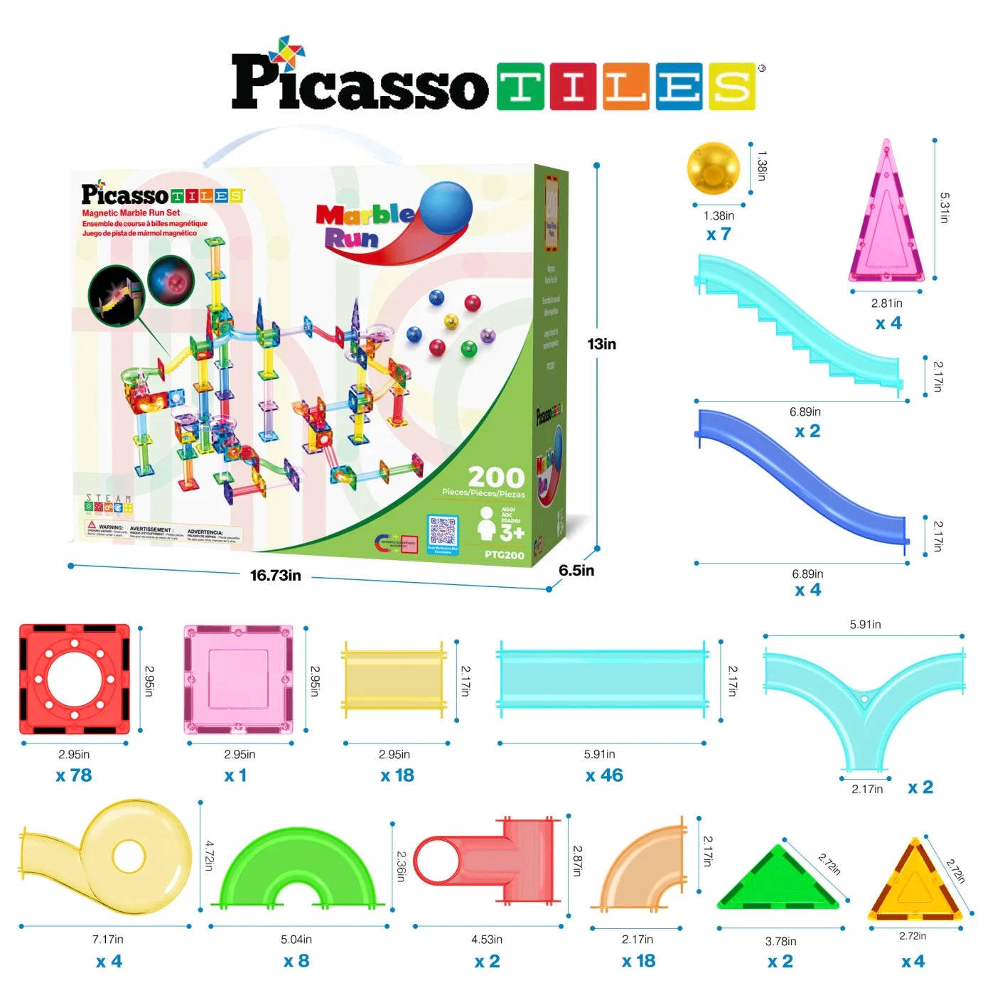 Picassotiles Marble Run Magnetic Tiles for Kids – 200PCS STEM Educational Construction Building Blocks Race Track Toy Set