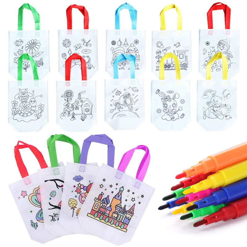 Children Drawing Toys DIY Graffiti Bag And Colored Marking Painting Non Woven Gift Bag Crafts Colorful Filling Painting Bag TMZ