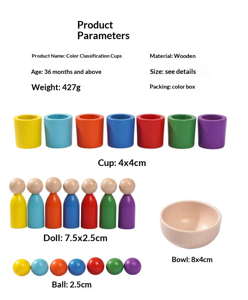 Seven-Color Cognitive Matching Sorting Cups – Wooden Educational Toy for Children’s Focus Training