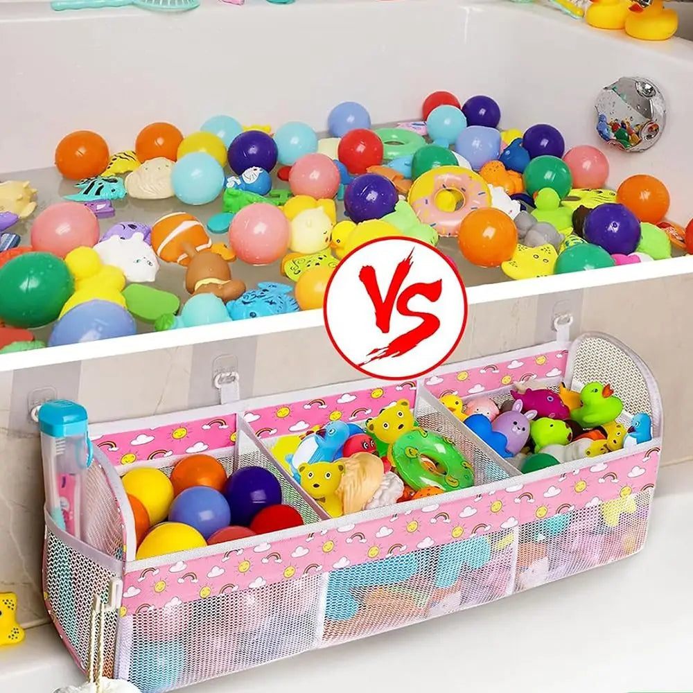 Large Openings Bathroom Toy Storage Bag 3 Compartment Quickly Dry Bath Storage Holder with Sticky Hook Breathable
