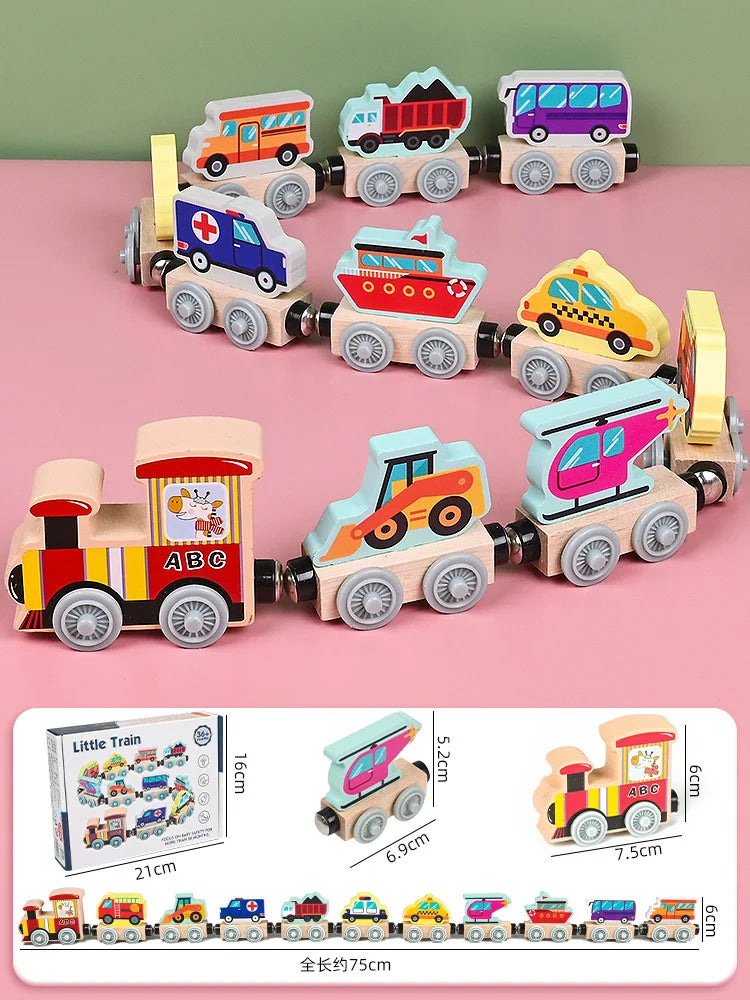 Juguetes de tren magnético de madera Montessori, juguete de animales para cognición temprana, aprendizaje, clasificación, enseñanza, coche, conjunto de dibujos animados para niños