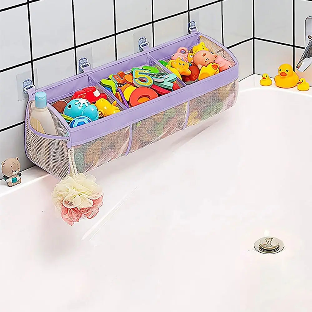 Large Openings Bathroom Toy Storage Bag 3 Compartment Quickly Dry Bath Storage Holder with Sticky Hook Breathable