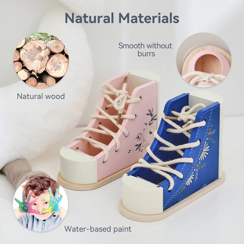 Baby Montessori Wooden Toys  Learn to Tie Shoelaces Toy Kids Toddlers Fine Motor Skills Toy Early Educational Toys Birthday Gift