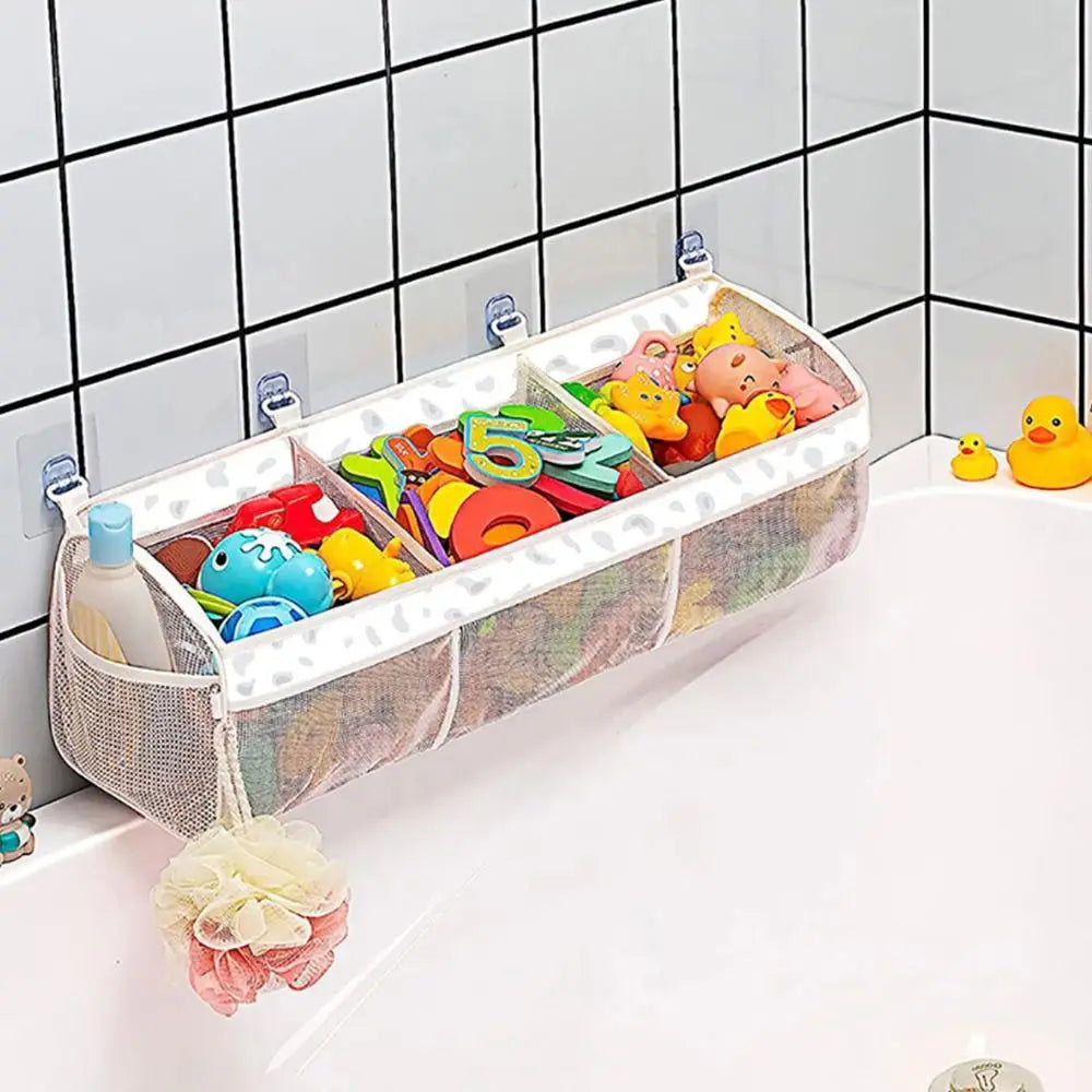 Large Openings Bathroom Toy Storage Bag 3 Compartment Quickly Dry Bath Storage Holder with Sticky Hook Breathable
