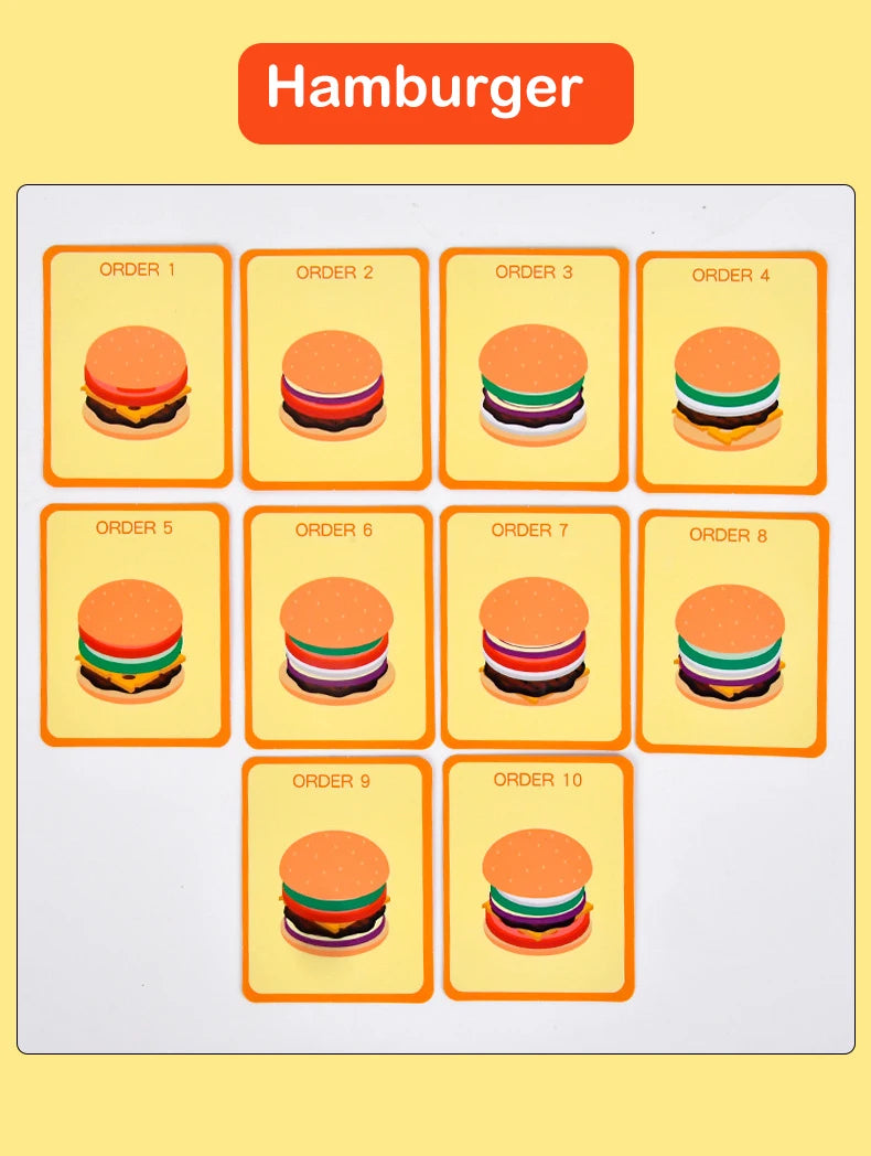 Montessori Toy For Kids,Wooden Hamburger Sandwich French Fries Sorting Stacking Toys, Preschool Learning Pretend Play Food Toy