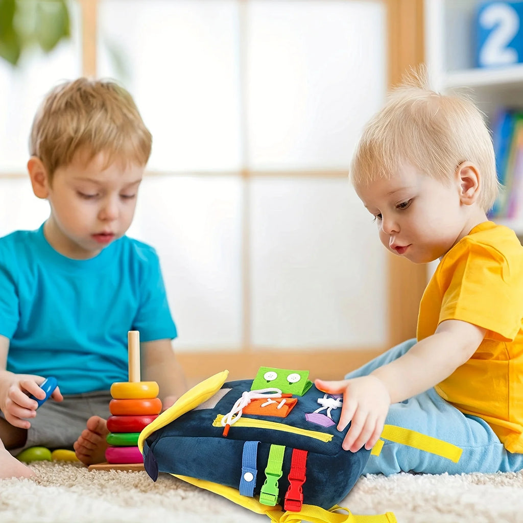 Develop Fine Motor Skills & Basic Life Skills with Busy Board Toddler Backpack - Learn To Tie Shoes & More - Ideal Toy
