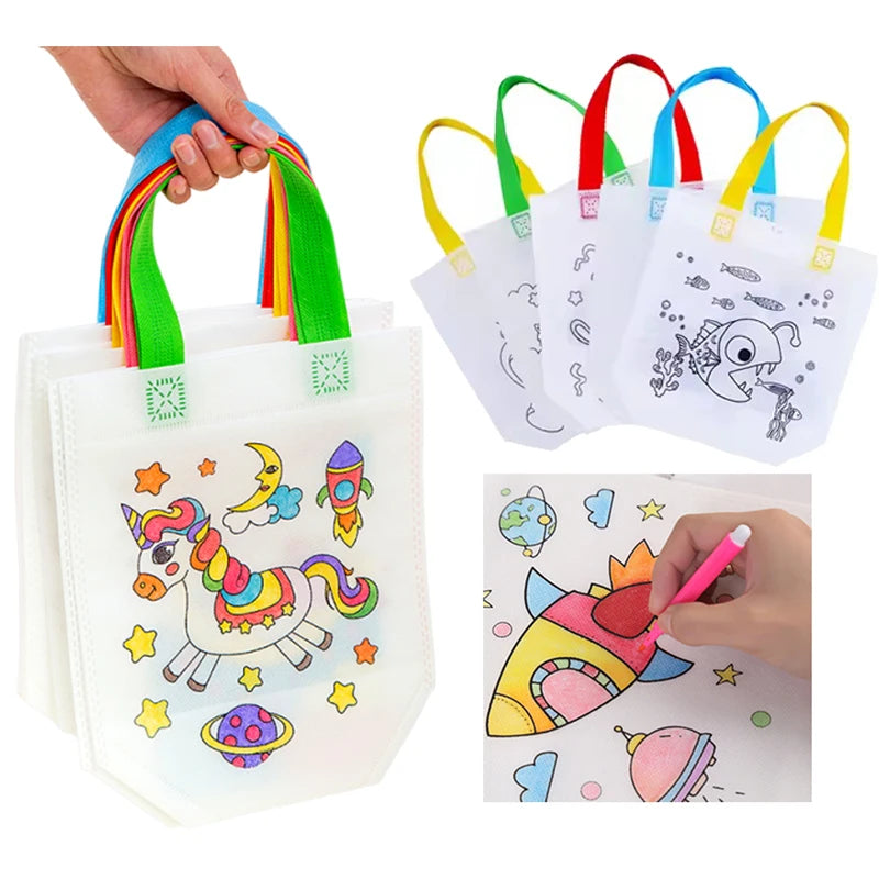 Children Drawing Toys DIY Graffiti Bag And Colored Marking Painting Non Woven Gift Bag Crafts Colorful Filling Painting Bag TMZ