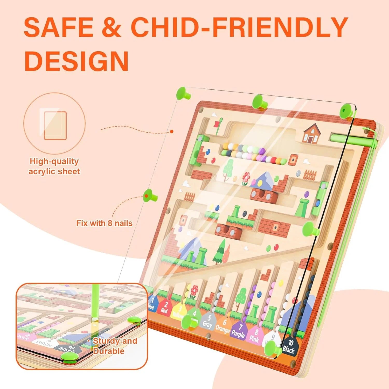 Laberinto magnético de colores y números Montessori - Juguete educativo de madera para niños, habilidades motoras finas y juego de combinación de colores