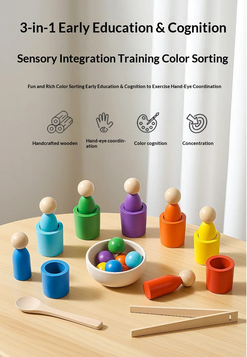 Seven-Color Cognitive Matching Sorting Cups – Wooden Educational Toy for Children’s Focus Training