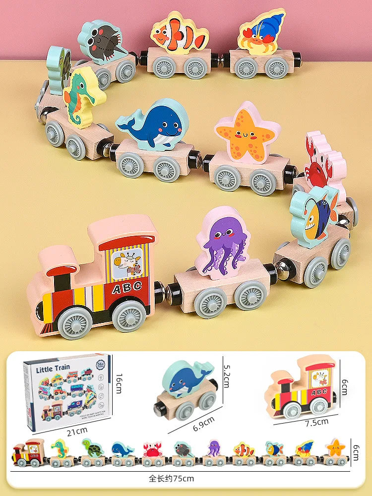 Juguetes de tren magnético de madera Montessori, juguete de animales para cognición temprana, aprendizaje, clasificación, enseñanza, coche, conjunto de dibujos animados para niños