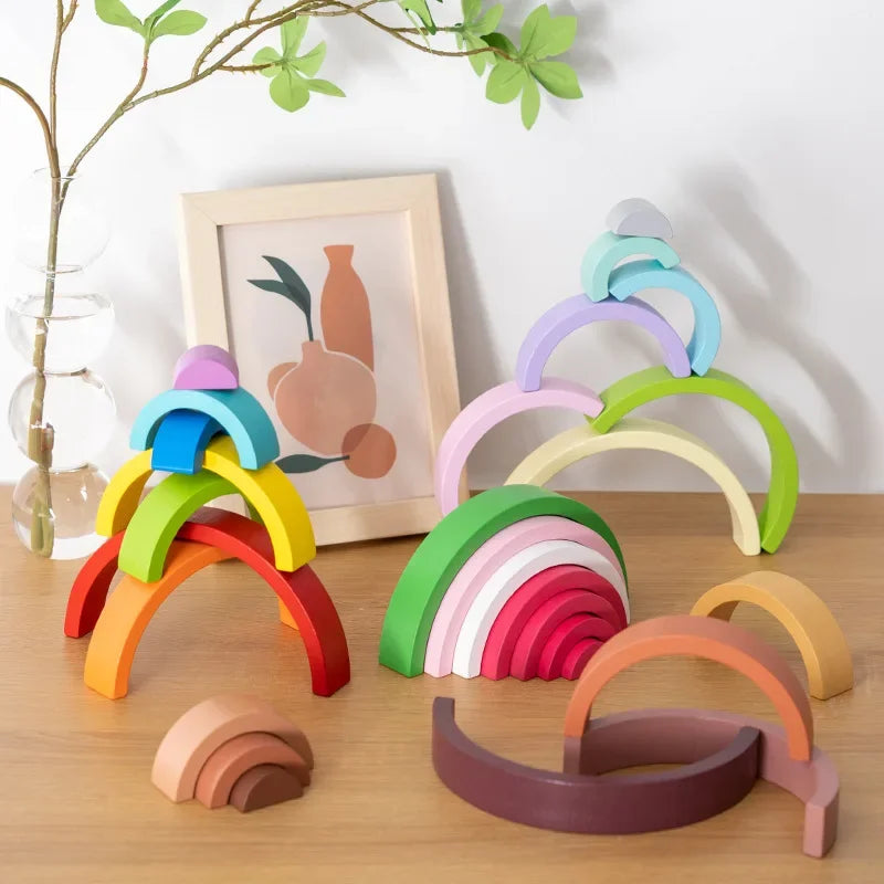 Baby Toys Rainbow Building Blocks Wooden Toys For Kids Creative Rainbow Stacker Montessori Educational Toy For Children