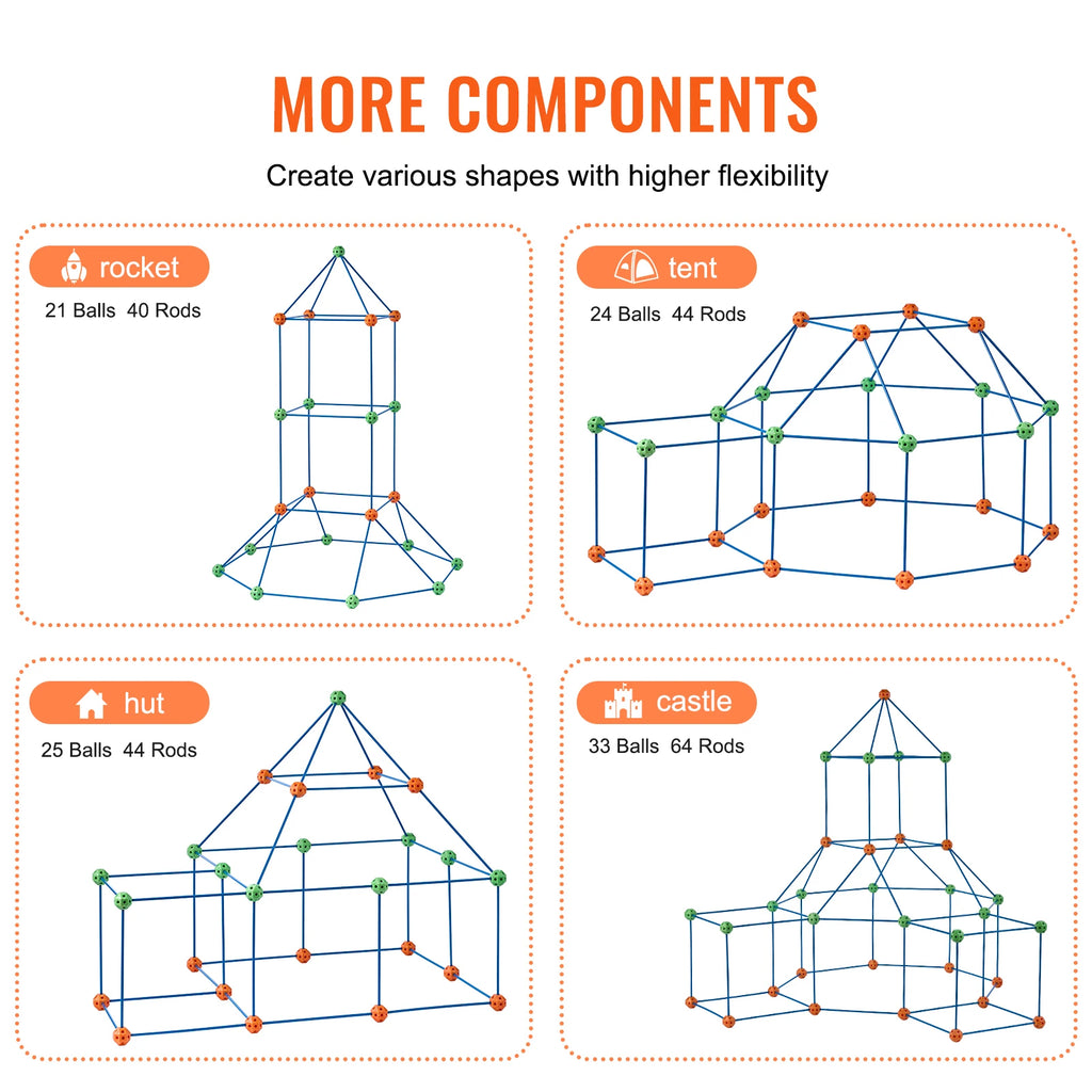 SucceBuy Fort Building Blocks Kids Creative Indoor Play Tent Brick Kit with 80 Rods 40 Balls for DIY Educational Castle Toys