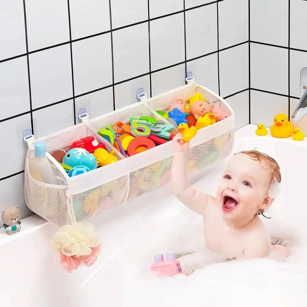 Large Openings Bathroom Toy Storage Bag 3 Compartment Quickly Dry Bath Storage Holder with Sticky Hook Breathable