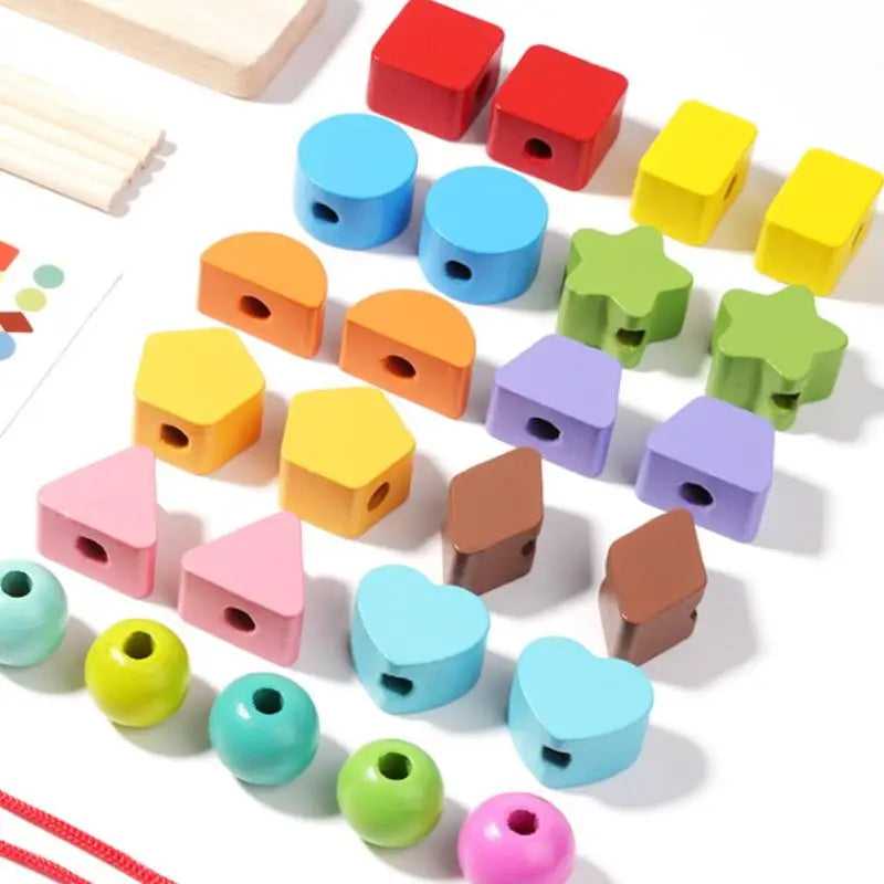 Early Learning Montessori Toys; Wooden Stacking Blocks, Lacing Beads & Shape Stacker; Amazing Sequencing Gift Ideas