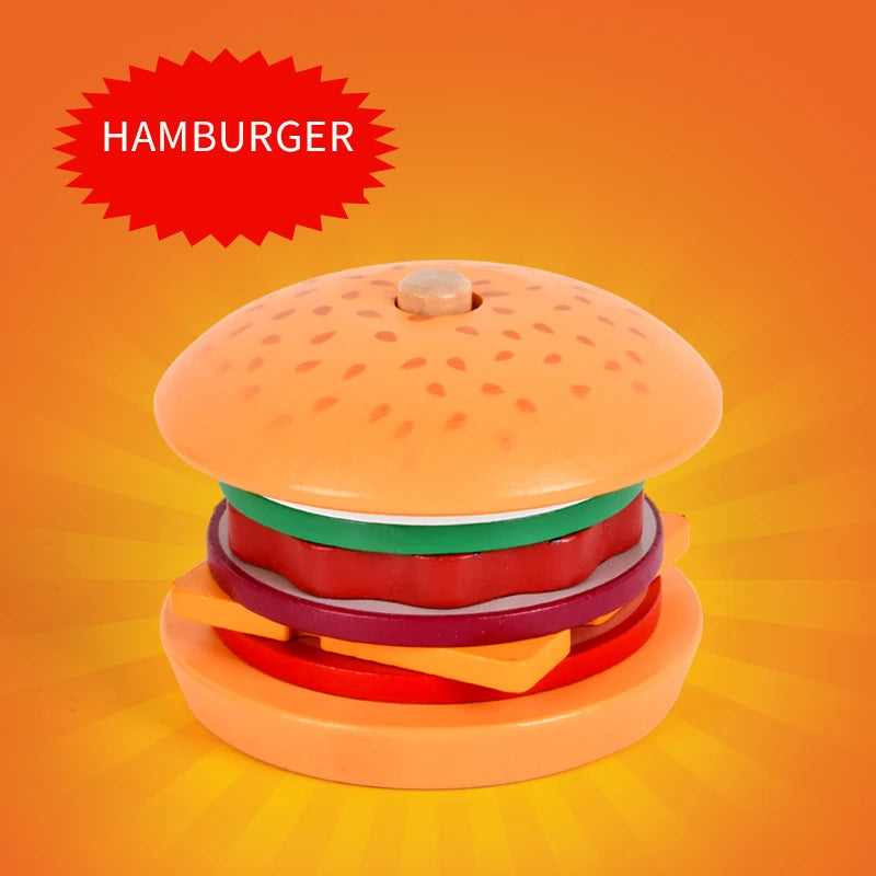 Juguete Montessori para niños, juguete de madera de hamburguesas, sándwiches y papas fritas para clasificar y apilar, juguete de comida de imitación para aprendizaje preescolar