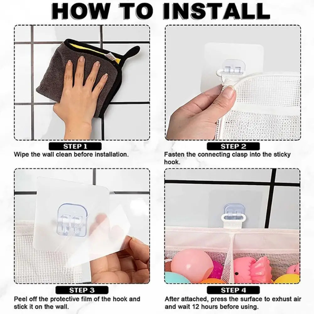 Large Openings Bathroom Toy Storage Bag 3 Compartment Quickly Dry Bath Storage Holder with Sticky Hook Breathable
