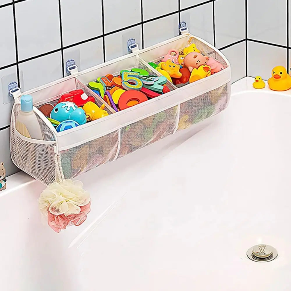 Large Openings Bathroom Toy Storage Bag 3 Compartment Quickly Dry Bath Storage Holder with Sticky Hook Breathable