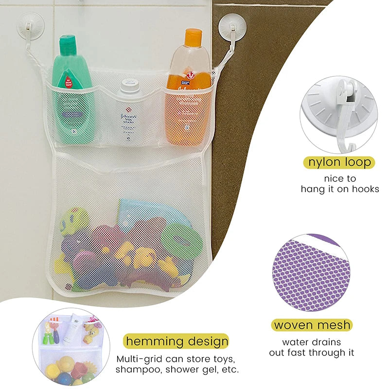 Shower Bath Toys White Pink Baby Kids Toy Storage Mesh with Strong Suction Cups Toy Bag Net Bathroom Organizer for Kids Toddlers