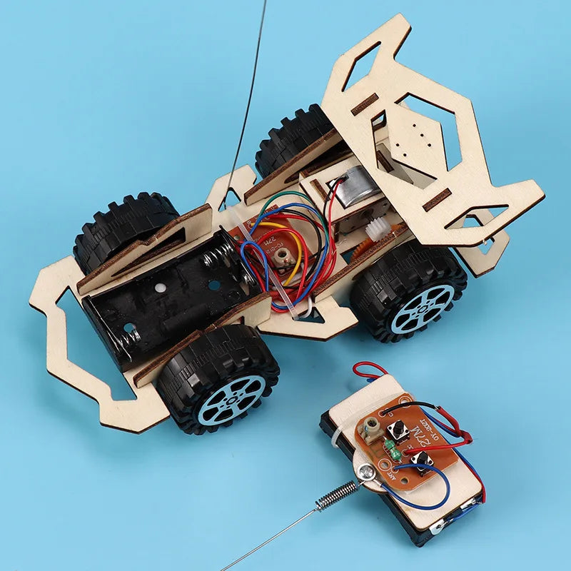 Kids Remote Control Electric Wooden Racing Toys Technology Innovation DIY Hand-assembled Electric Wireless Four-wheel Drive Toys