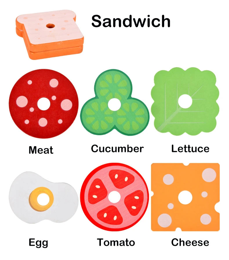 Montessori Toy For Kids,Wooden Hamburger Sandwich French Fries Sorting Stacking Toys, Preschool Learning Pretend Play Food Toy
