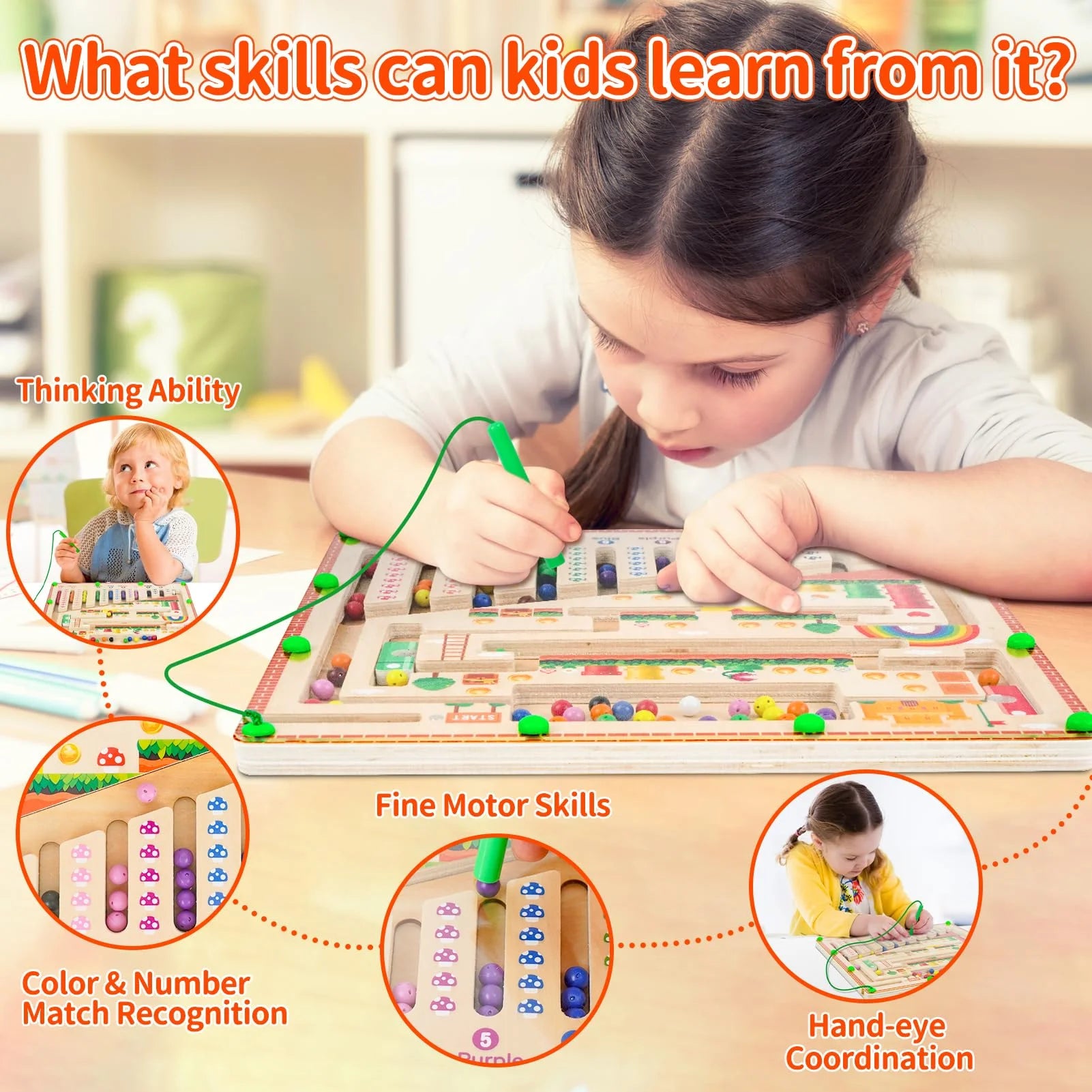 Laberinto magnético de colores y números Montessori - Juguete educativo de madera para niños, habilidades motoras finas y juego de combinación de colores