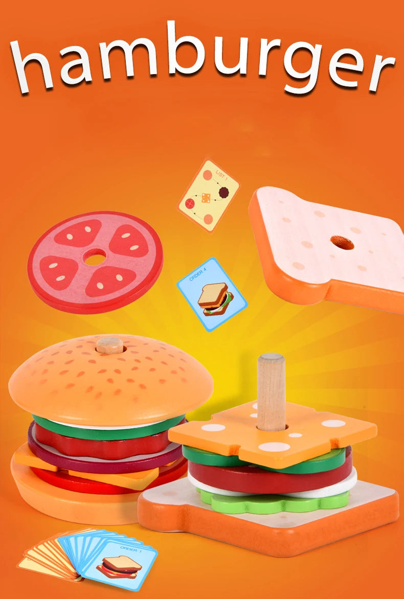 Montessori Toy For Kids,Wooden Hamburger Sandwich French Fries Sorting Stacking Toys, Preschool Learning Pretend Play Food Toy