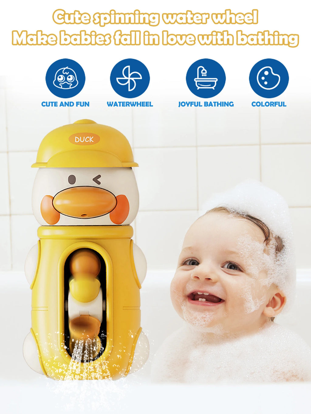 Bath Bathtub Toys Kids Gifts for Toddlers Duck Rotatable Waterwheel Bathroom Strong Suckers Water Scoop Fun Bath Toys