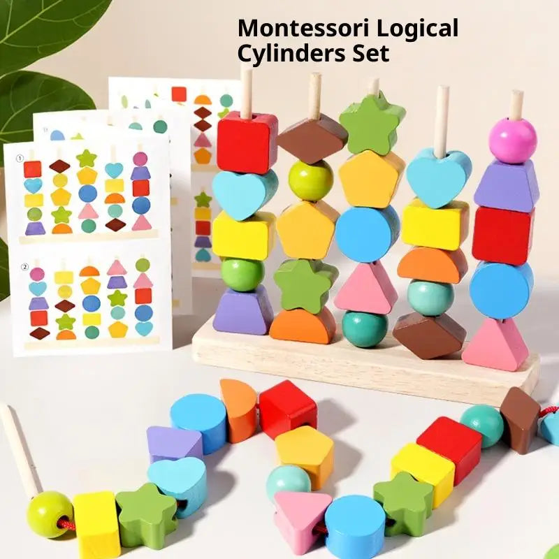 Early Learning Montessori Toys; Wooden Stacking Blocks, Lacing Beads & Shape Stacker; Amazing Sequencing Gift Ideas