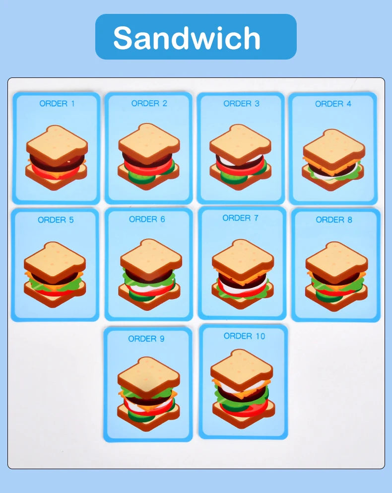 Montessori Toy For Kids,Wooden Hamburger Sandwich French Fries Sorting Stacking Toys, Preschool Learning Pretend Play Food Toy