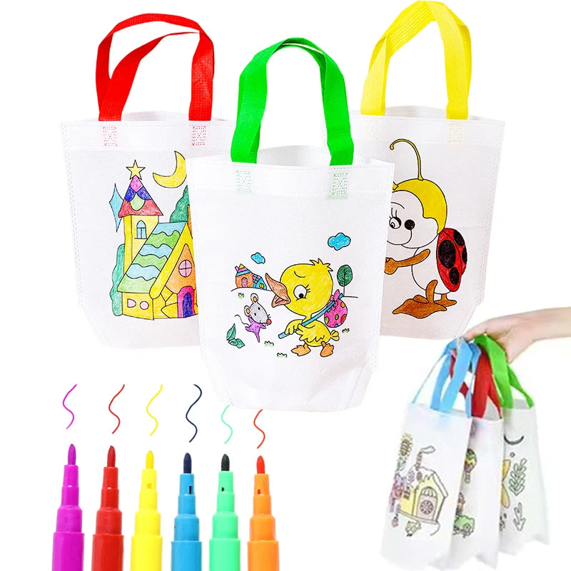 Children Drawing Toys DIY Graffiti Bag And Colored Marking Painting Non Woven Gift Bag Crafts Colorful Filling Painting Bag TMZ