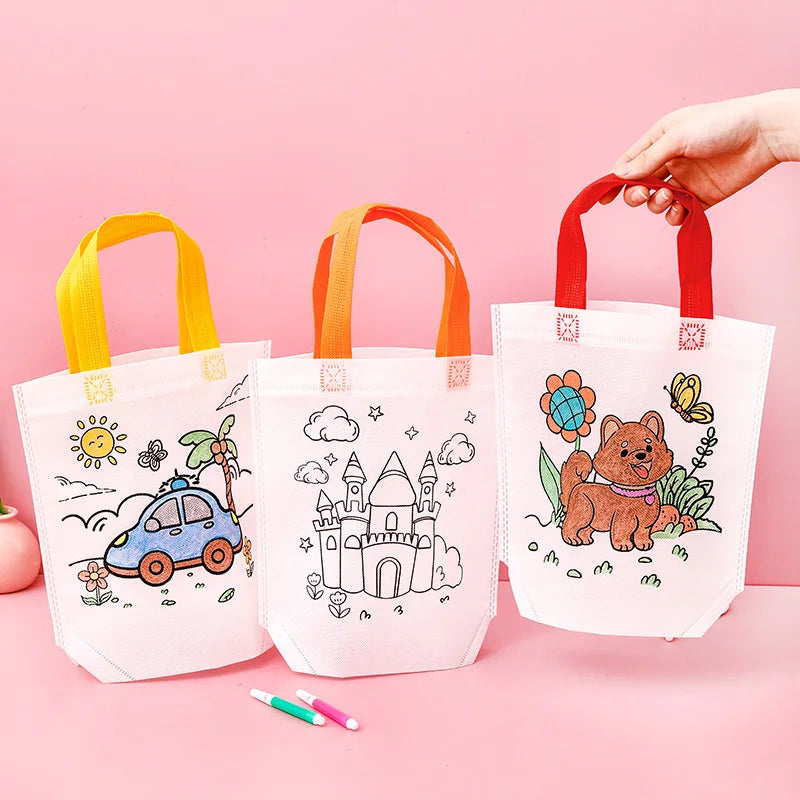 Children Drawing Toys DIY Graffiti Bag And Colored Marking Painting Non Woven Gift Bag Crafts Colorful Filling Painting Bag TMZ