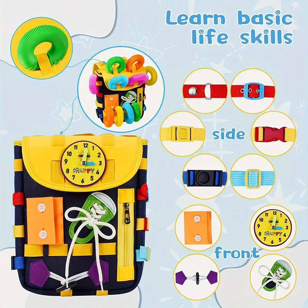 Develop Fine Motor Skills & Basic Life Skills with Busy Board Toddler Backpack - Learn To Tie Shoes & More - Ideal Toy