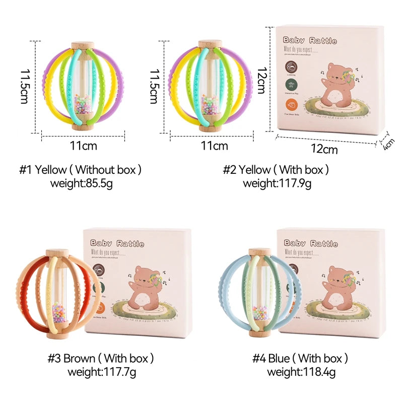 Baby Rattle Toy Wooden Rain Drum With Silicone Baby Sensory Touch Toy Newborn Dental Care Gum Anti-eating Hand Molar Stick Gif