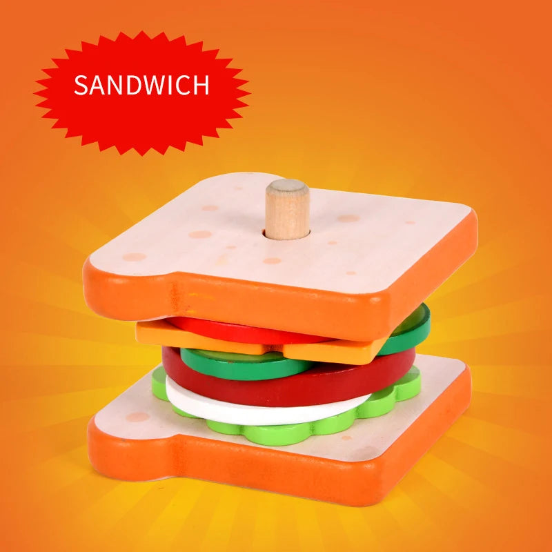 Juguete Montessori para niños, juguete de madera de hamburguesas, sándwiches y papas fritas para clasificar y apilar, juguete de comida de imitación para aprendizaje preescolar