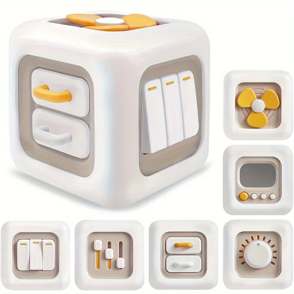 6-in-1 Busy Cube Toy for Baby - Enhances Fine Motor Skills & Early Learning, White with Yellow Accents, Montessori Puzzle Toy