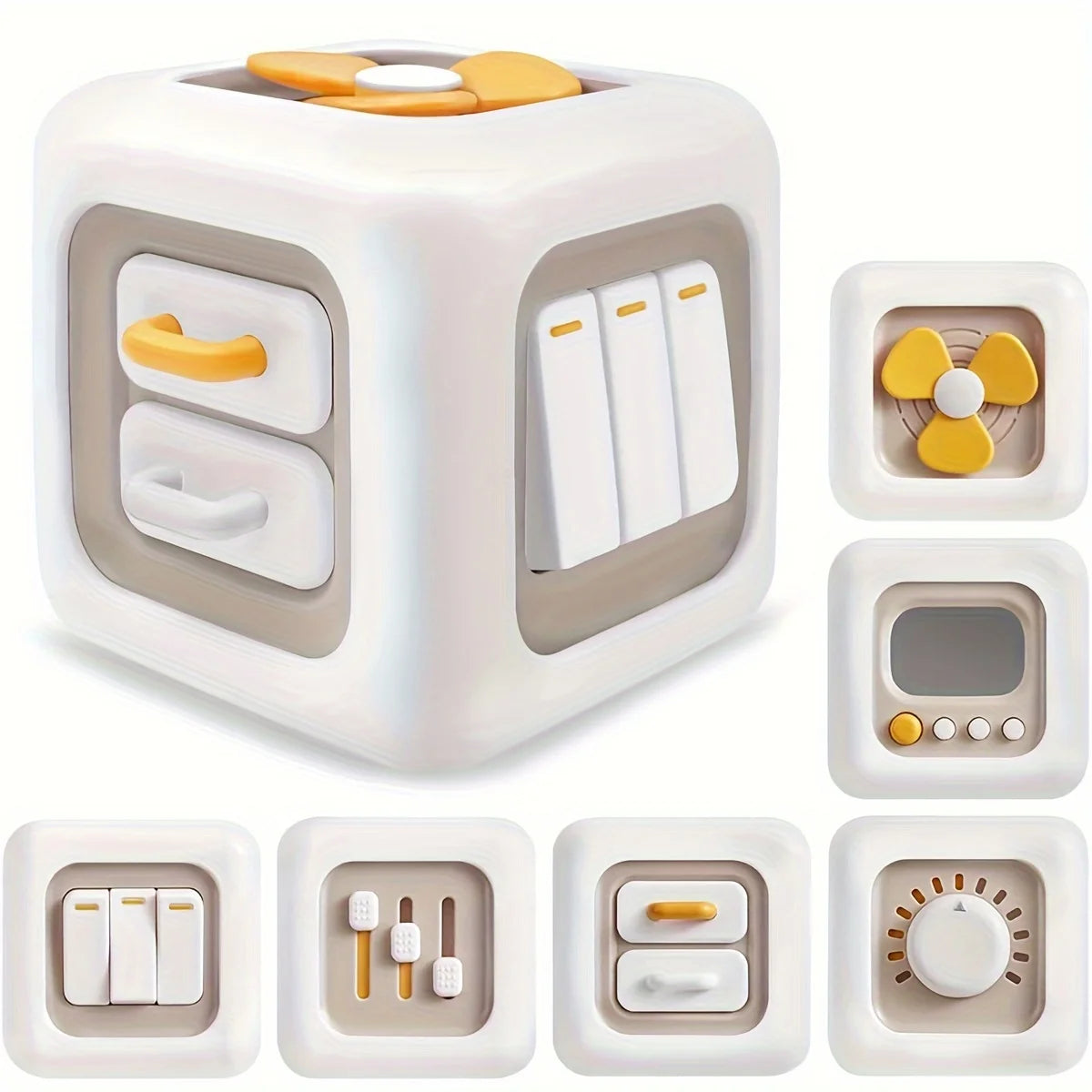 6-in-1 Busy Cube Toy for Baby - Enhances Fine Motor Skills & Early Learning, White with Yellow Accents, Montessori Puzzle Toy