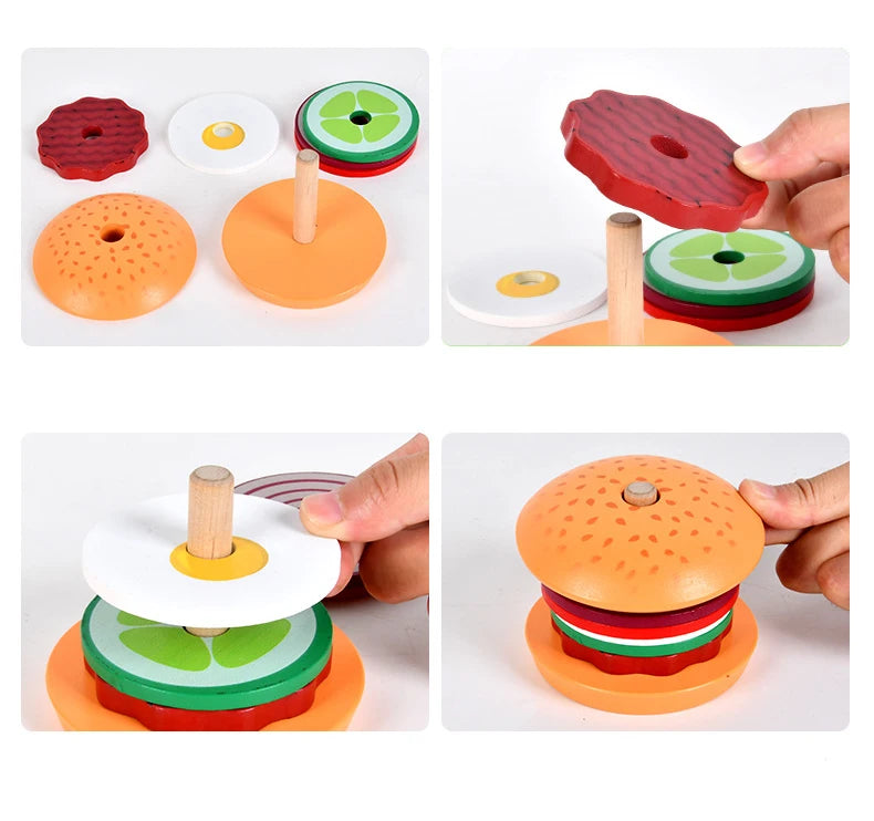 Montessori Toy For Kids,Wooden Hamburger Sandwich French Fries Sorting Stacking Toys, Preschool Learning Pretend Play Food Toy