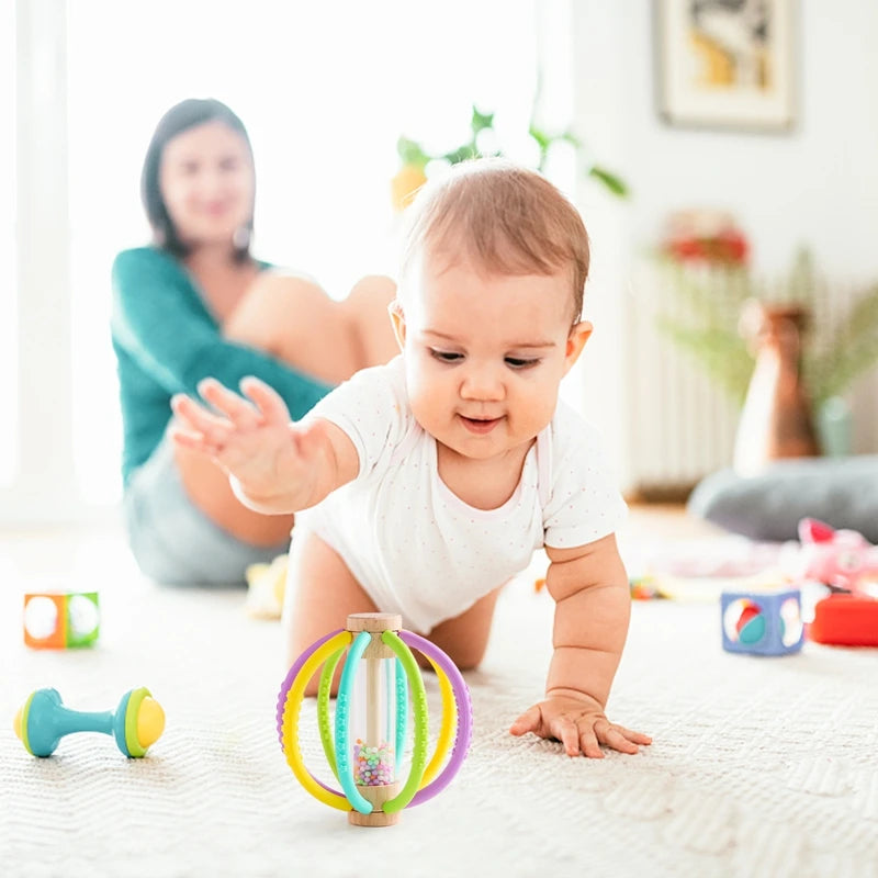 Baby Rattle Toy Wooden Rain Drum With Silicone Baby Sensory Touch Toy Newborn Dental Care Gum Anti-eating Hand Molar Stick Gif