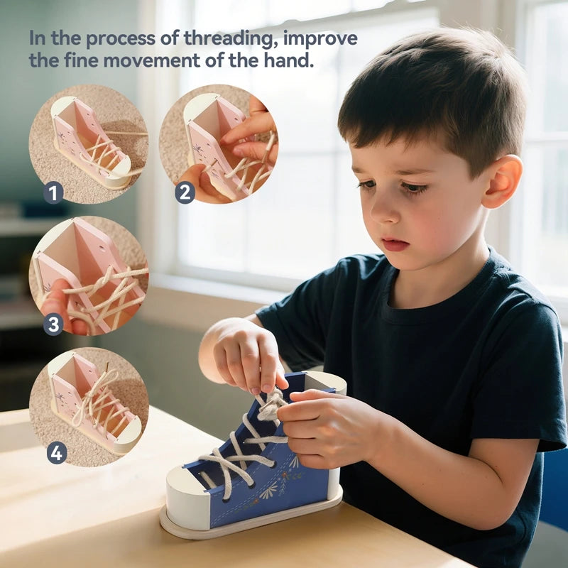 Baby Montessori Wooden Toys  Learn to Tie Shoelaces Toy Kids Toddlers Fine Motor Skills Toy Early Educational Toys Birthday Gift