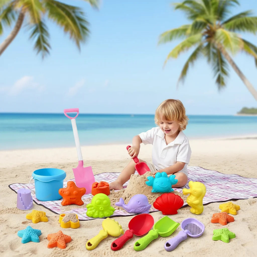 Kids Beach Toys Set 17Pcs Summer Outdoor Sand Box Kit with Bucket Spade Castle and Fish Molds Infant Sand Pit Toys for Baby