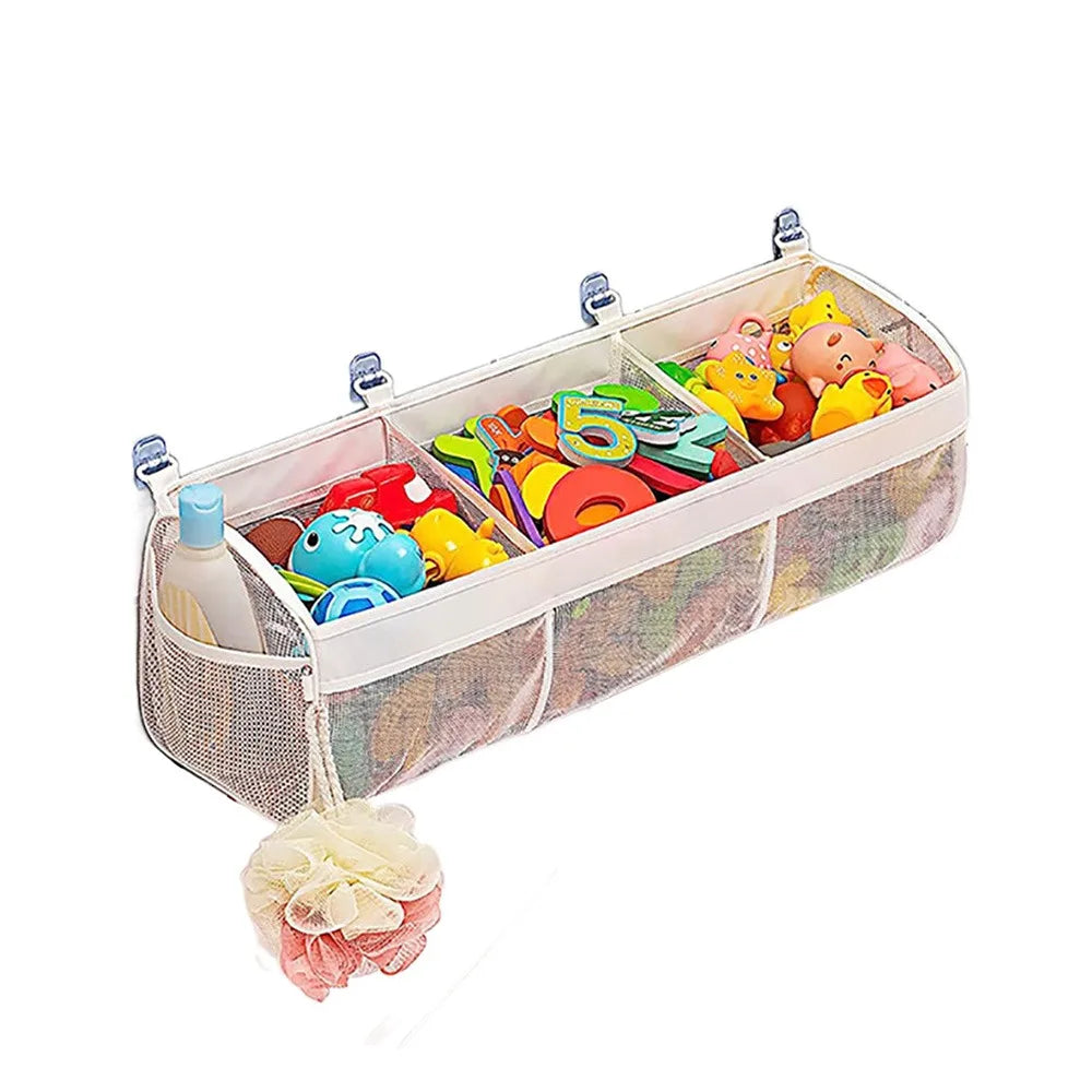 Large Openings Bathroom Toy Storage Bag 3 Compartment Quickly Dry Bath Storage Holder with Sticky Hook Breathable
