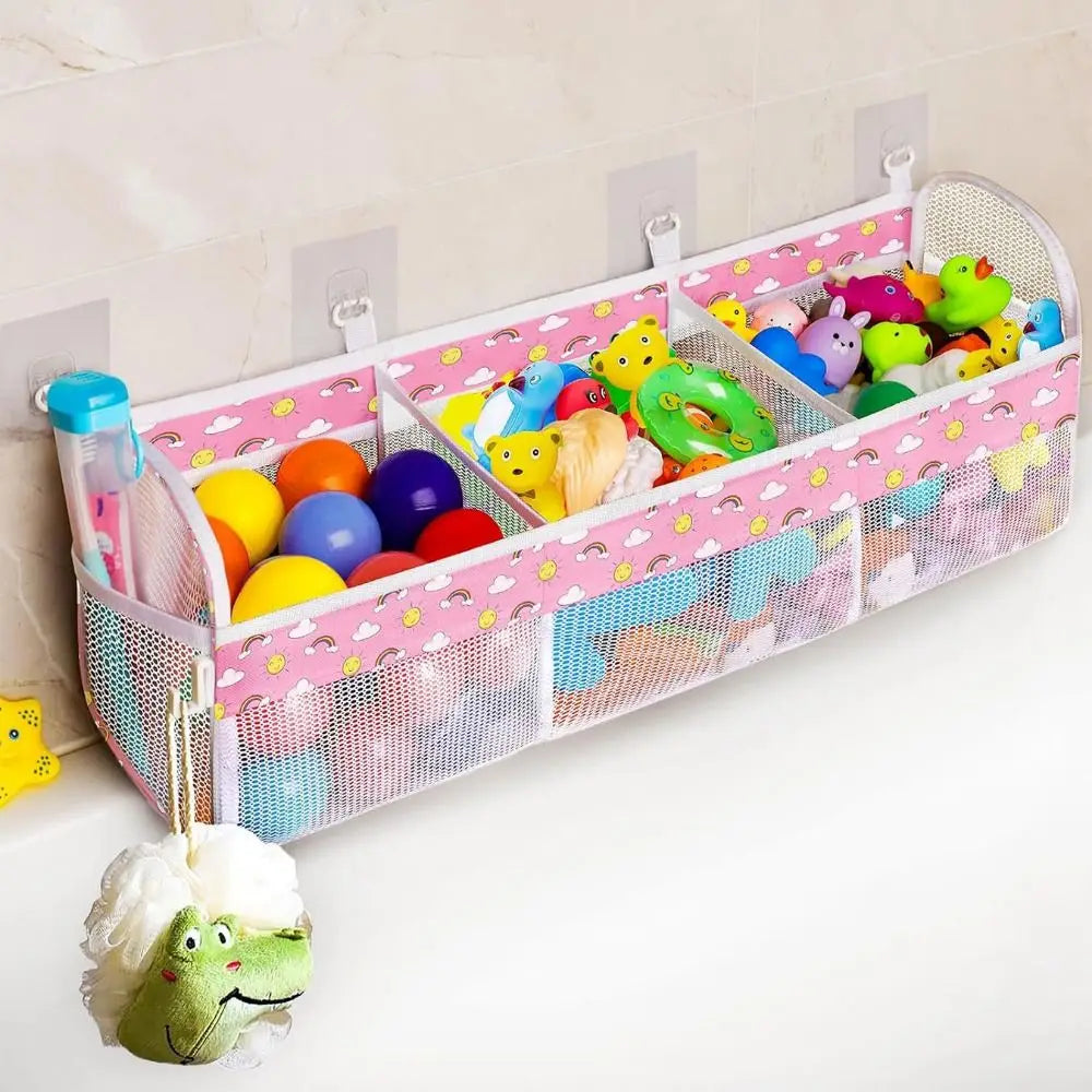 Large Openings Bathroom Toy Storage Bag 3 Compartment Quickly Dry Bath Storage Holder with Sticky Hook Breathable